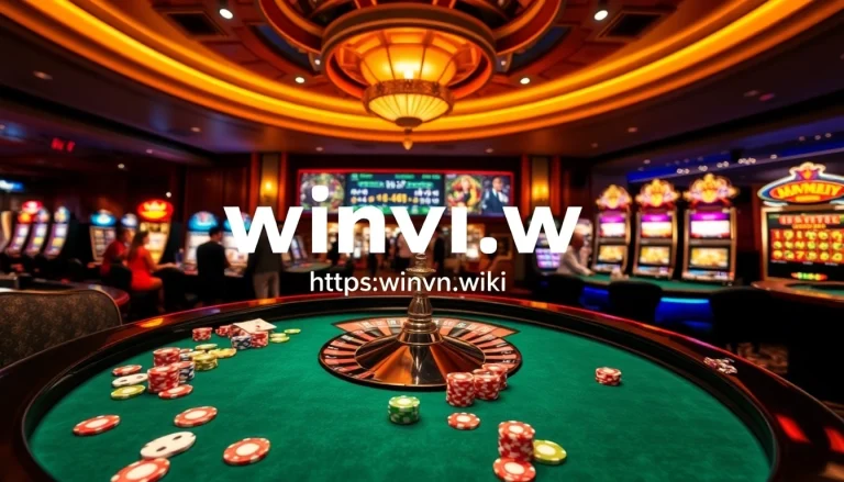 Experience exciting gameplay at https://winvn.wiki with vibrant casino visuals showcasing roulette and slot machines.