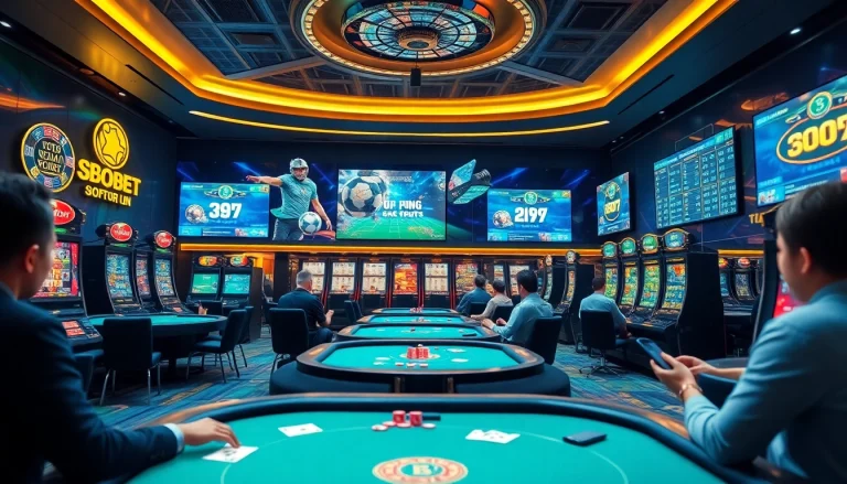 Exciting online gaming atmosphere at sbobet.dance with poker tables and slot machines