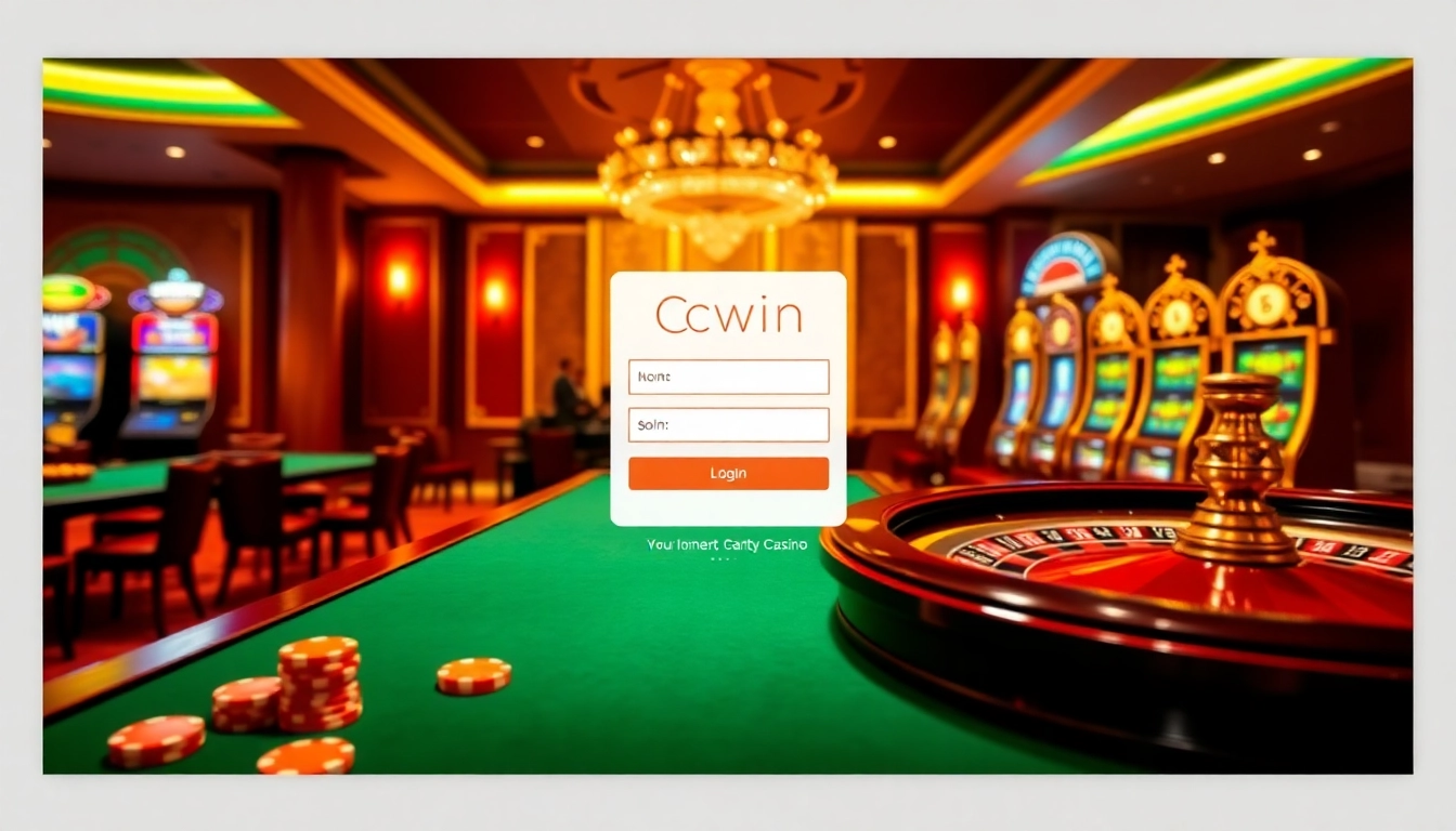 Cwin com đăng nhập on a luxurious online casino interface with vibrant slot machines and poker chips.