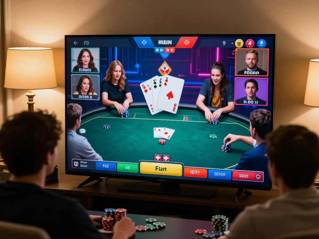 Players engaging in a thrilling online poker game at nhà cái hbet with vibrant graphics and cozy setting