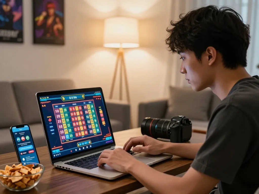 Lô đề online betting scene with player engaged in gameplay, laptop and smartphone visible.