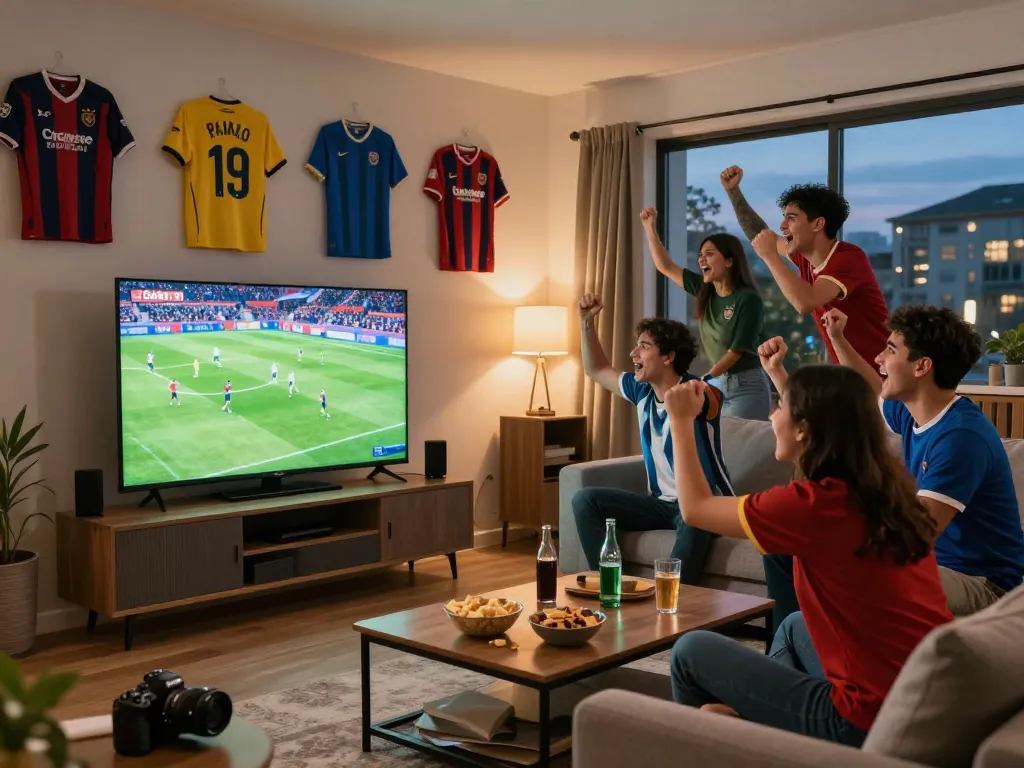 Excited fans watching xem bóng đá cakhia tv in a cozy living room during a match.
