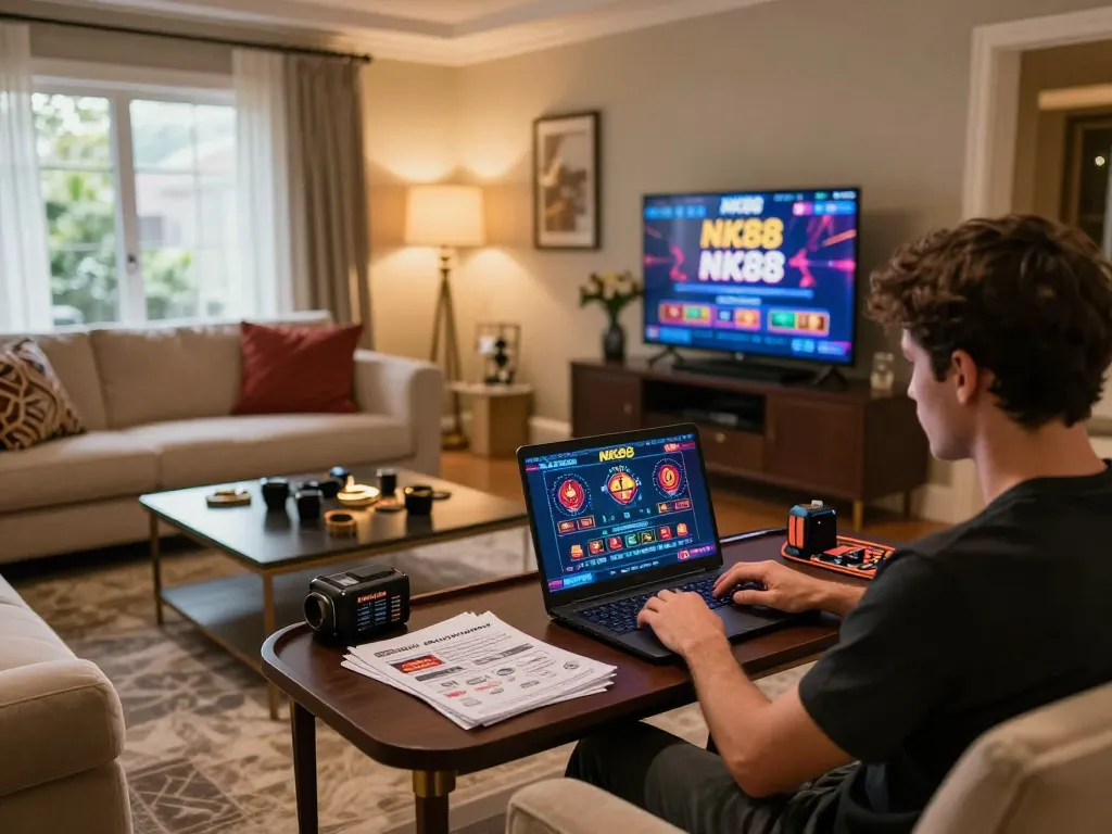 Player engages in NK88 online casino, stylish home gaming setup with ambient lighting and strategy notes.