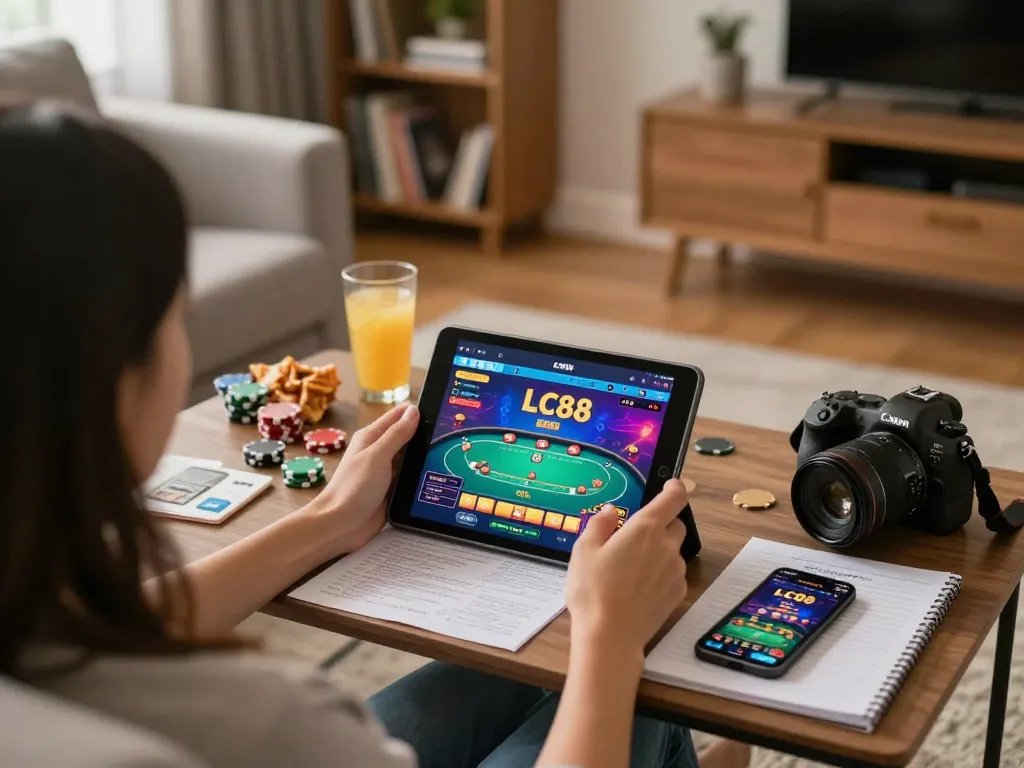 Engaging scene of online gaming as a player enjoys LC88's poker experience from home, showcasing strategy and comfort