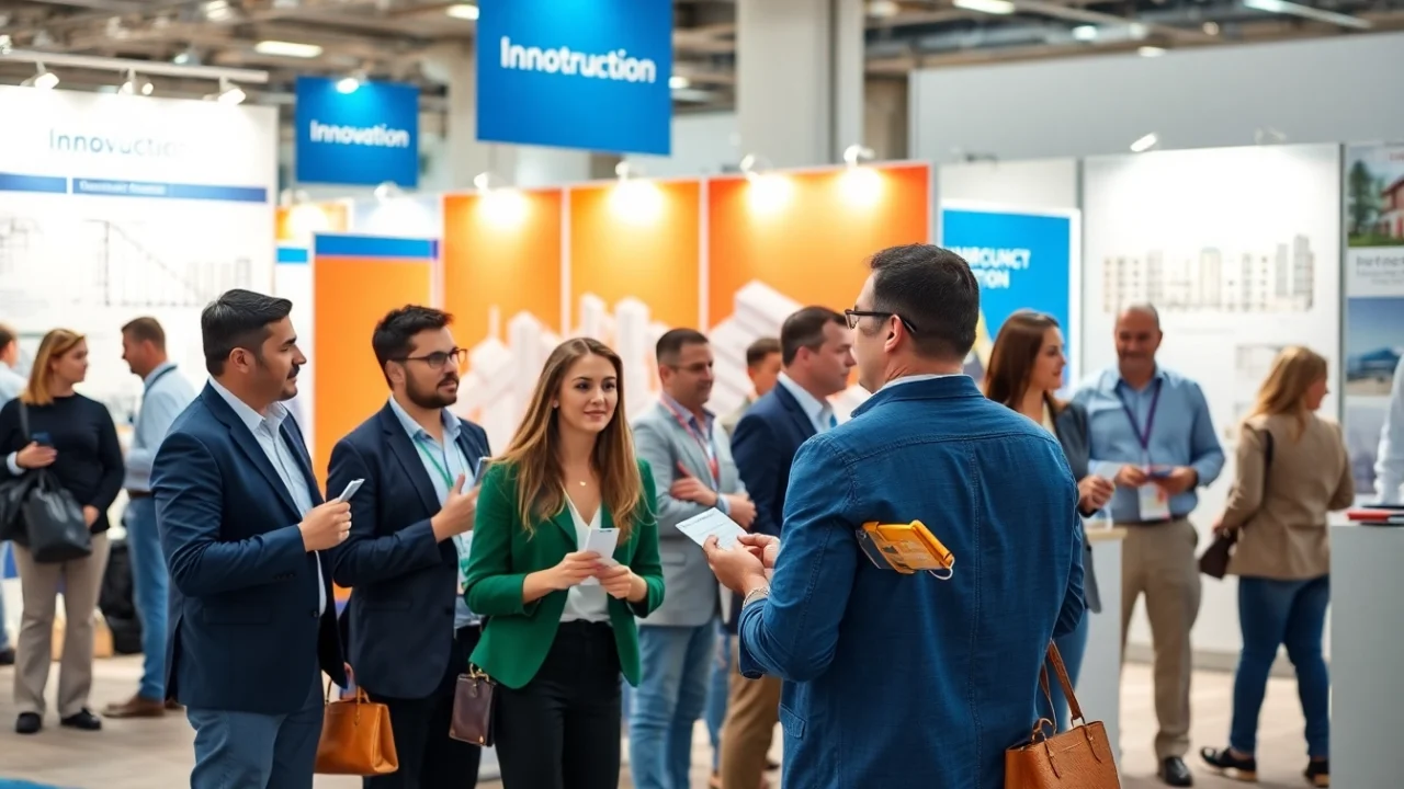Dynamic professionals engaging at construction networking events, sharing insights and business cards.