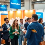 Dynamic professionals engaging at construction networking events, sharing insights and business cards.