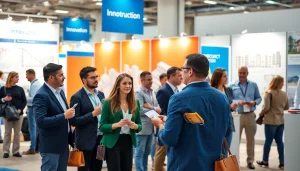 Dynamic professionals engaging at construction networking events, sharing insights and business cards.