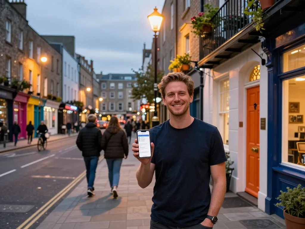 Dynamic scene of airbnb management dublin with local host Mathew outside an inviting rental property, showcasing Dublin's charm.