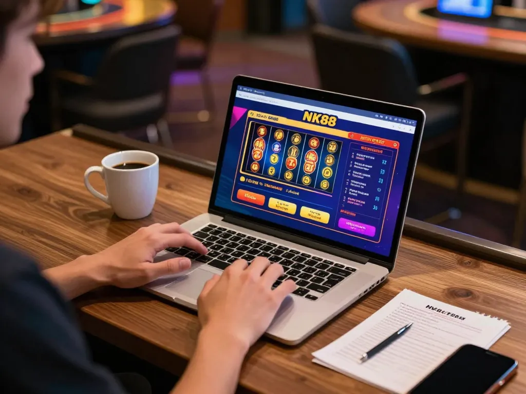 Person engaging with NK88 online casino games in a cozy gaming setup.