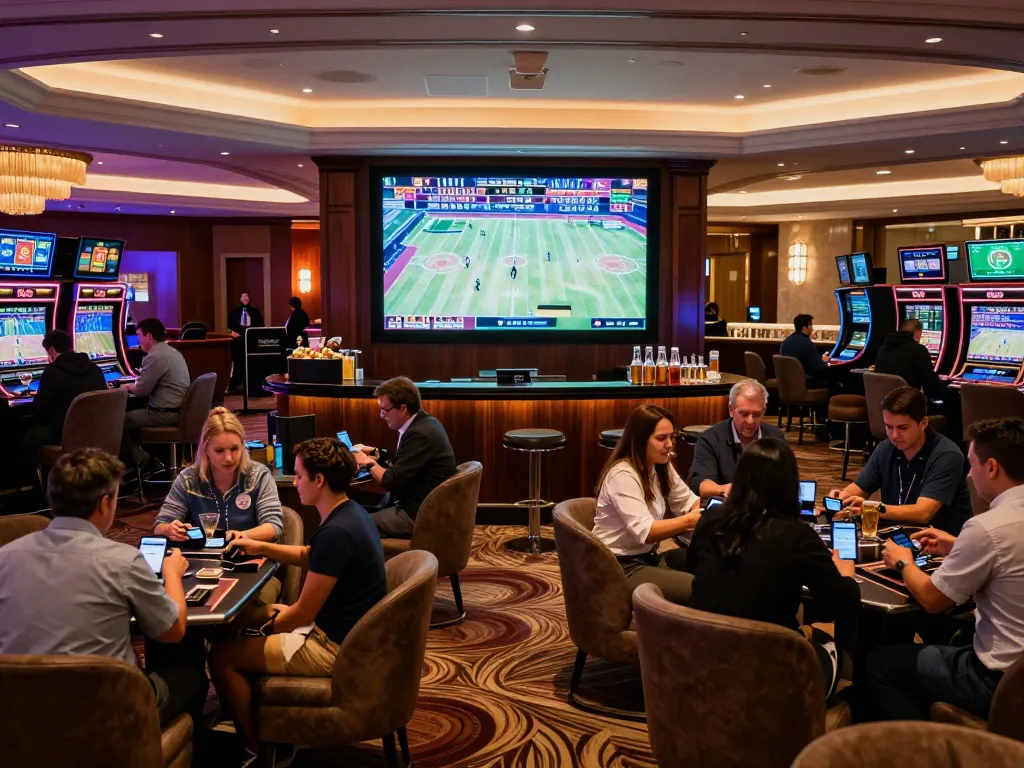 Sports fans engaging in live betting action at hitclub's premium sports lounge with vibrant atmosphere