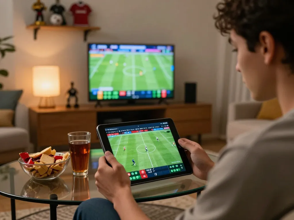 Engaging in live betting on kèo nhà cái hôm nay with focused analysis on tablet against a cozy backdrop.