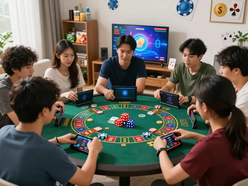 Tài xỉu online gaming scene with friends strategizing and enjoying their experience in a vibrant atmosphere.