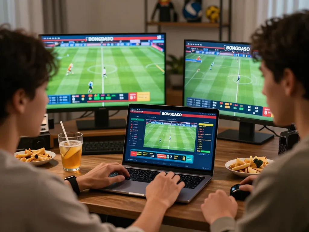 Engaged user placing bets on BONGDASO platform during live sports event at home.