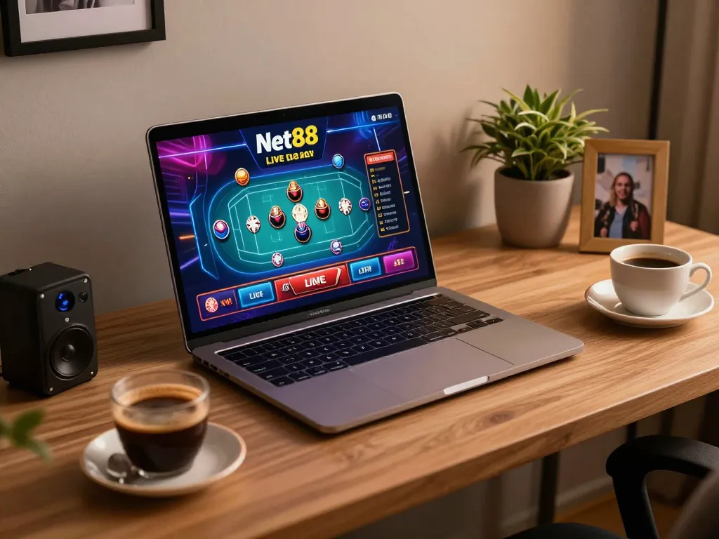 Engaging in live dealer games on Net88’s online platform in a cozy home environment.