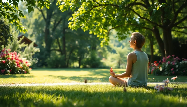 Embracing mental wellness through meditation in a tranquil garden with vibrant flowers.