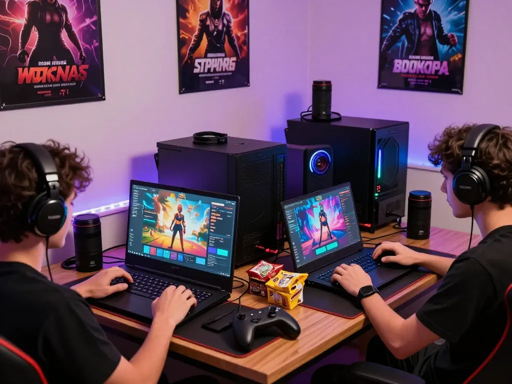 Engaged players immersed in sex games on laptops, colorful interactive interfaces, cozy gaming atmosphere.