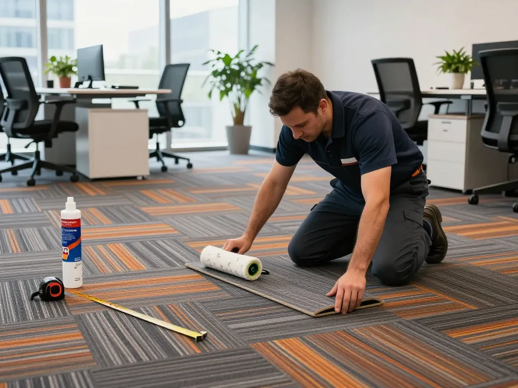 Commercial carpet installation by skilled professionals in a modern office setting with quality materials and organized workspace.