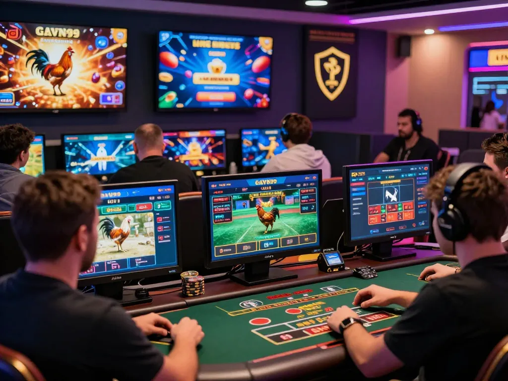 Players experiencing the Gavn99 online gambling platform with live betting on cockfighting and casino games, showcasing vibrant graphics and user-friendly interface.