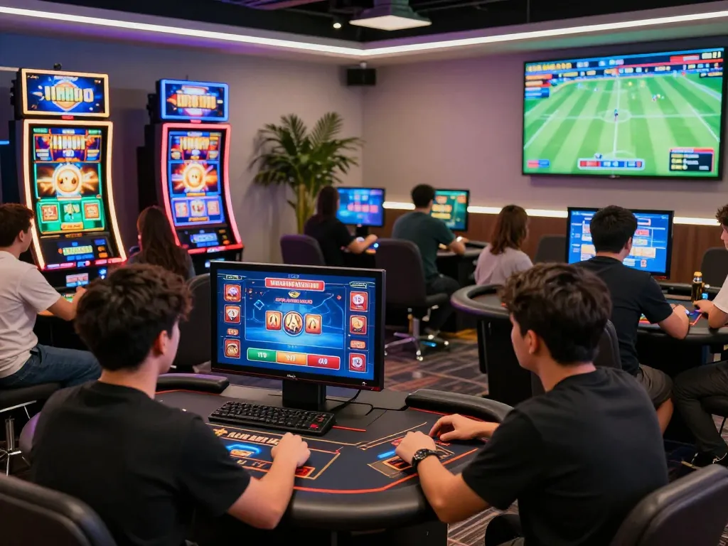 EE88 online casino scene showing diverse players engaging with vibrant games and secure interfaces, highlighting modern entertainment.