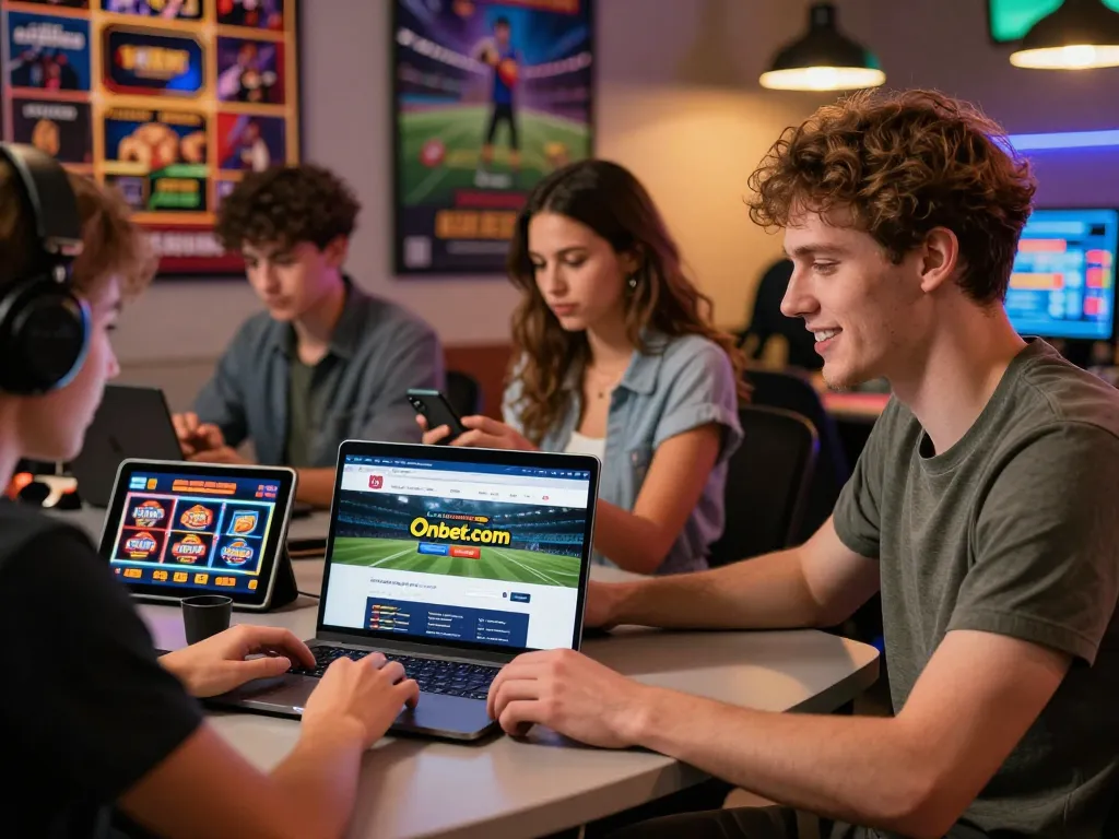 Engaged group betting on Onbet.com in a modern gaming environment with vibrant lighting.