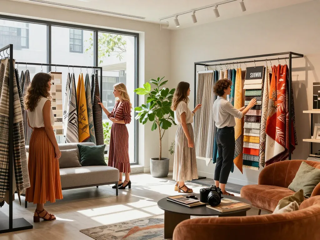 Sunwin textile showroom featuring innovative fabric designs and colors.