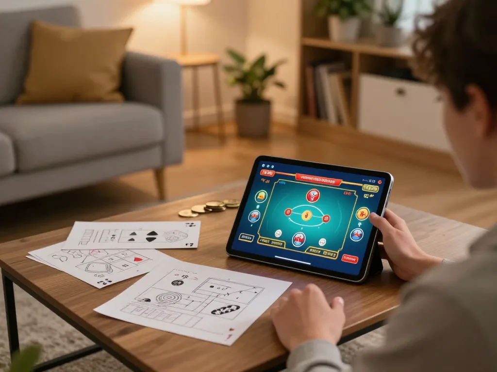 Engaged player using OK9 tablet for an online poker game, surrounded by strategy notes in a cozy living room.