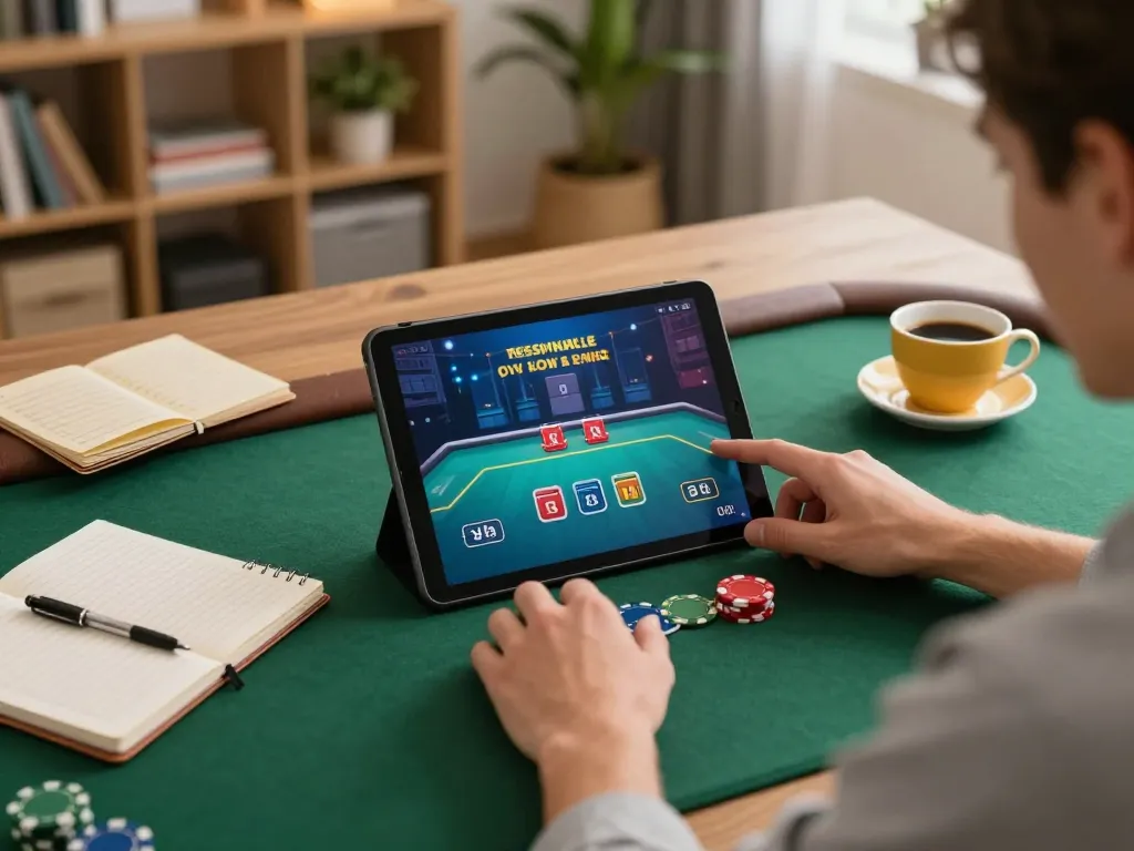 Player engaged in poker on dn88 tablet, showcasing home online casino atmosphere with strategic notes.