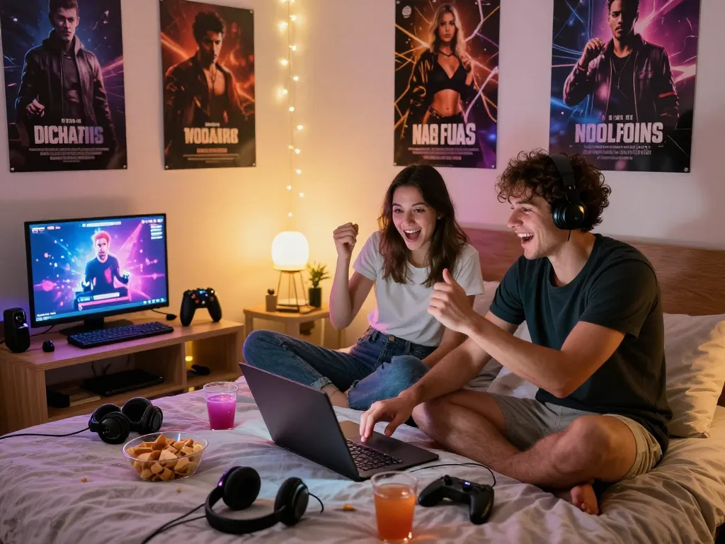 Engaging friends enjoying interactive porn games in a cozy bedroom.