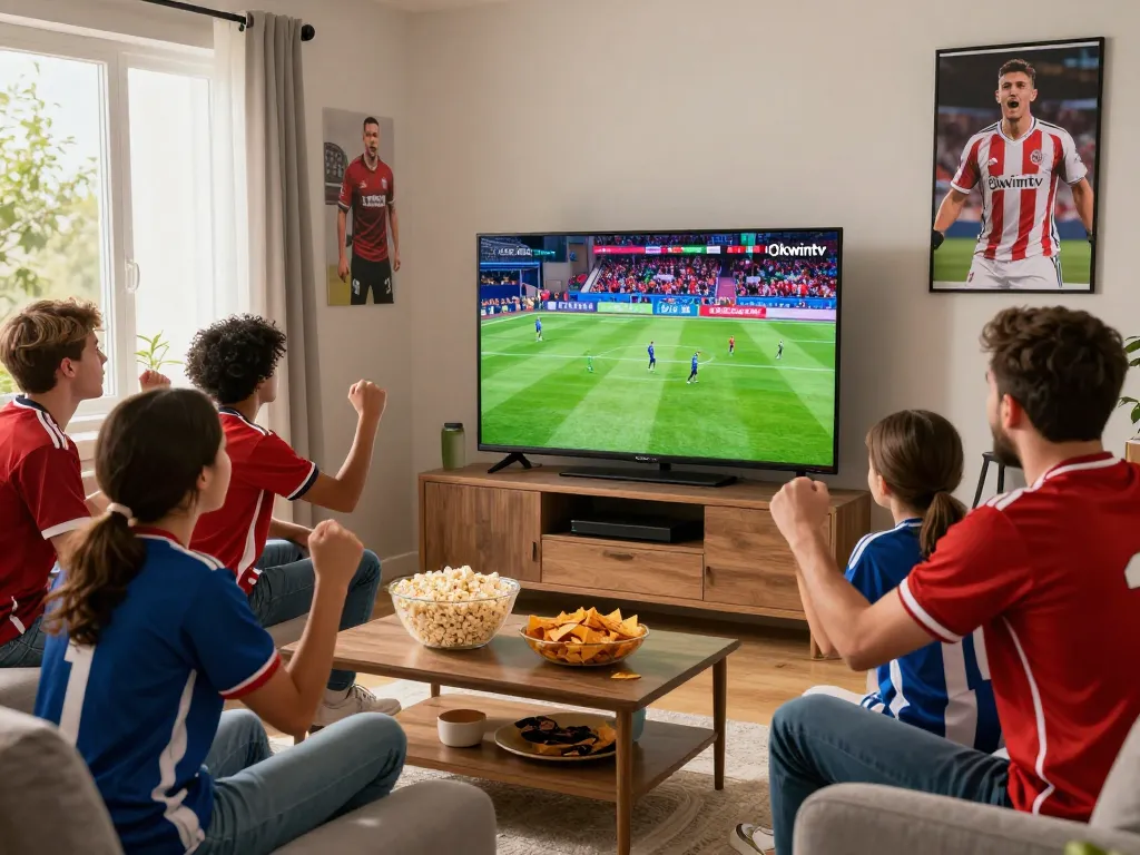 Fans enjoying a live soccer match on Okwintv in a cozy living room.