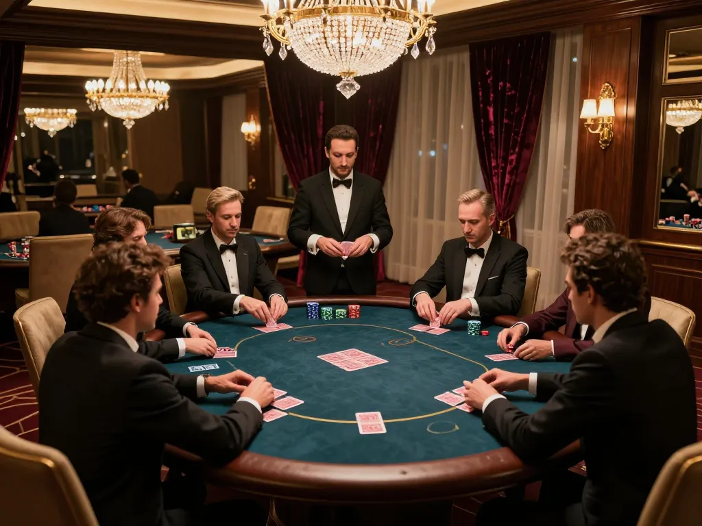 Players engage in a high-stakes poker game under warm lighting at an upscale casino, showcasing the excitement of kk44.