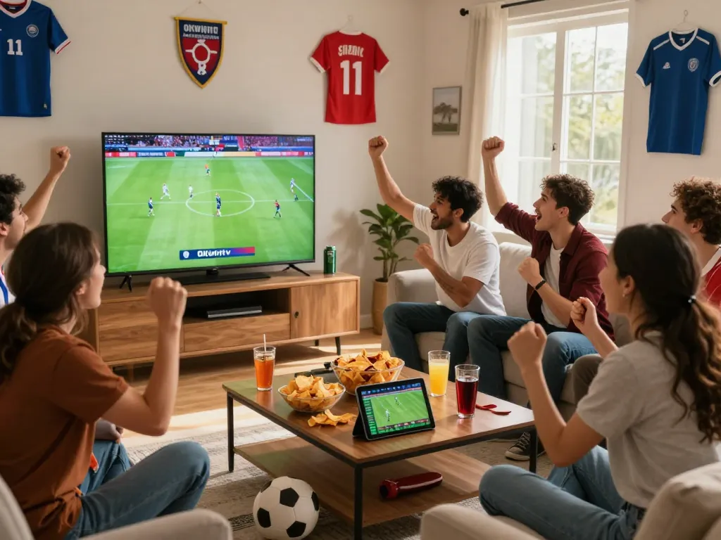 Crowd watching Okwintv football match in a lively living room with snacks.