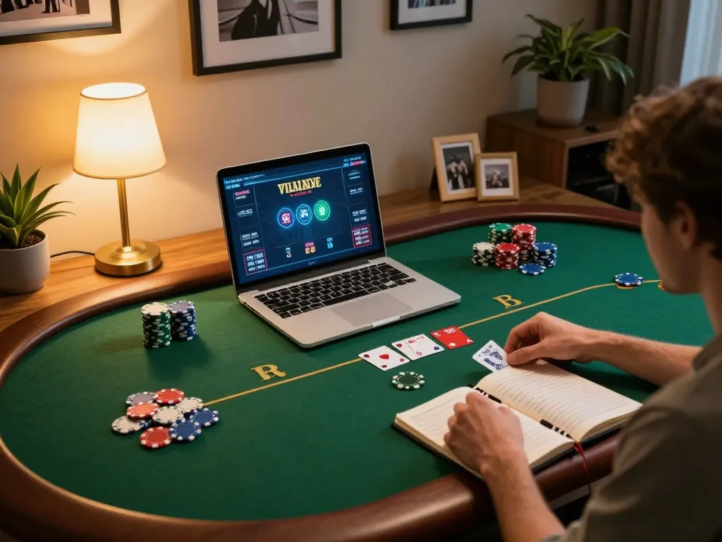 xibet player engaged in online poker with strategic notes and colorful chips on the table