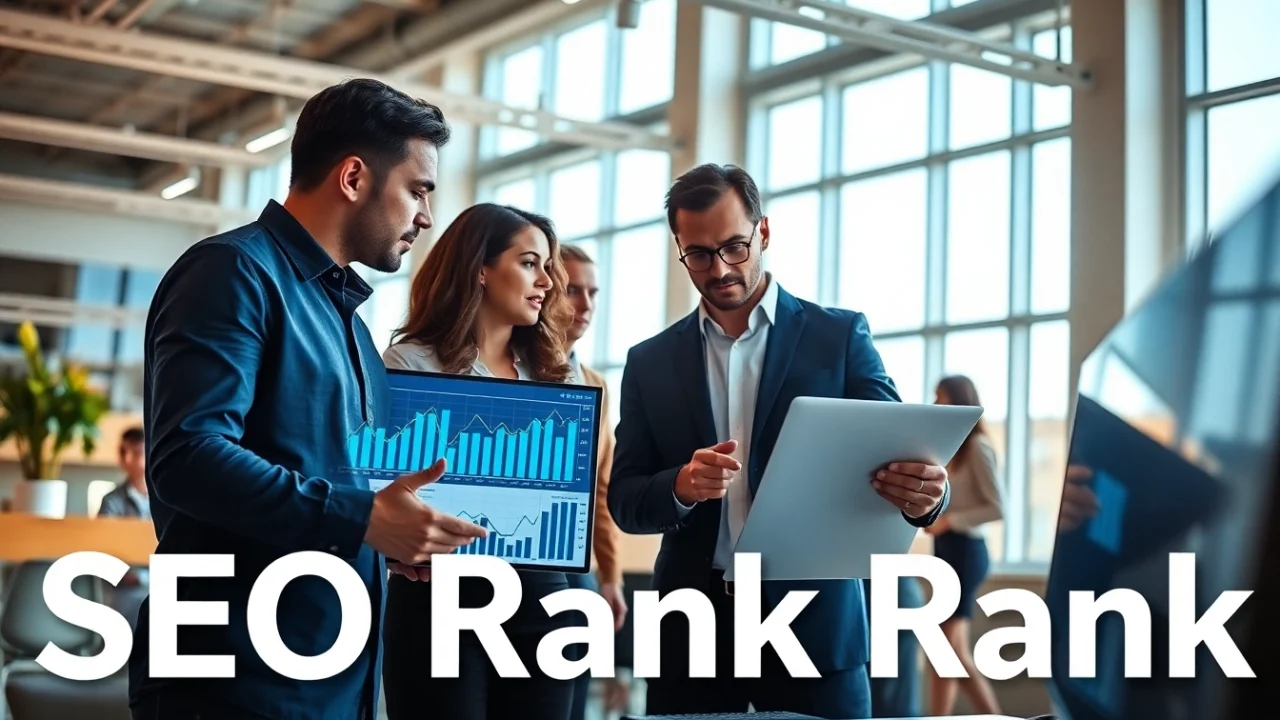 Analyze SEO Rank trends in a professional workspace with diverse teams collaborating.