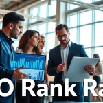 Analyze SEO Rank trends in a professional workspace with diverse teams collaborating.