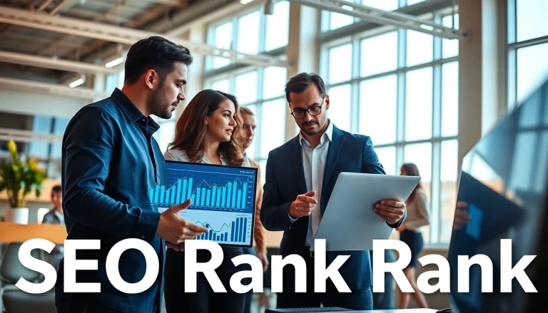 Analyze SEO Rank trends in a professional workspace with diverse teams collaborating.