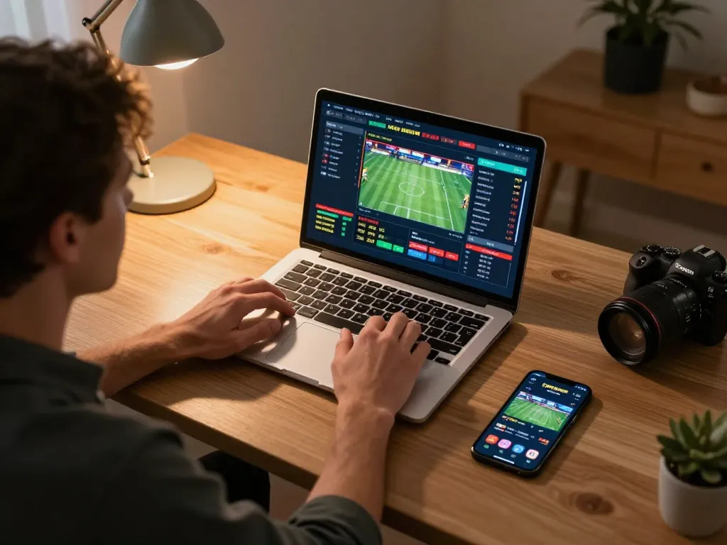 Player analyzing odds on VK88 during an exciting online sports betting session at home.