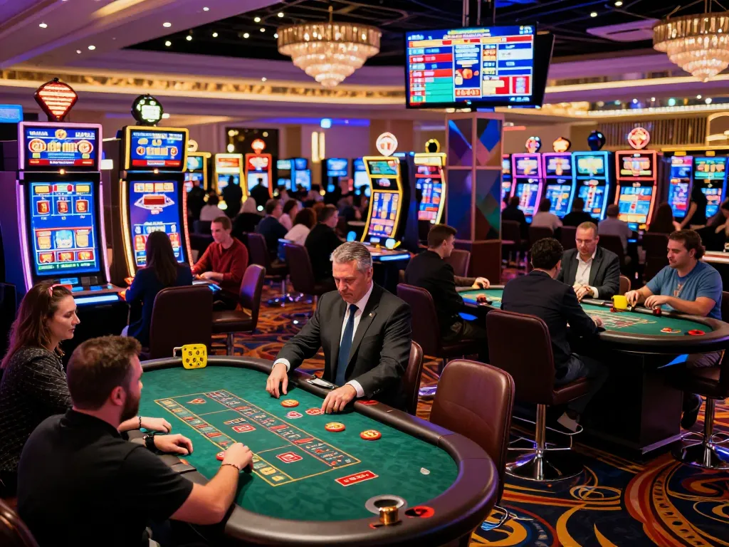 Nohu gaming experience featuring excited players at a blackjack table in a bustling casino.