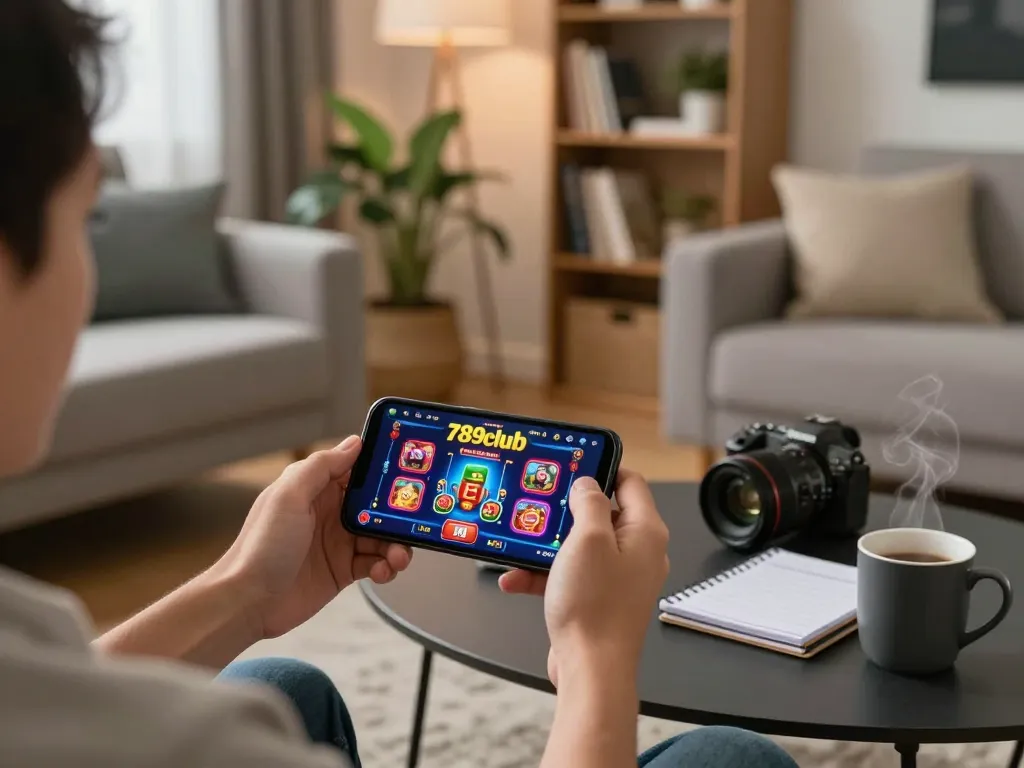 Player enjoying the vibrant casino games on 789club app in a cozy living room setting