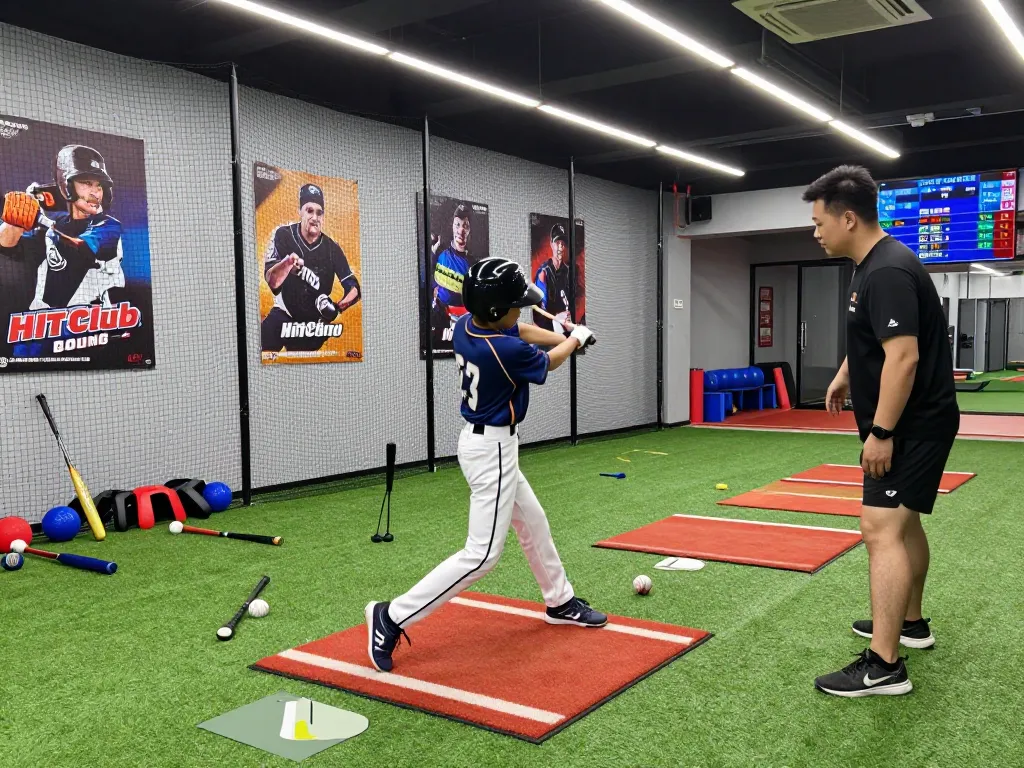 Young athlete training at Hit Club batting cage, showcasing dedication and sports equipment