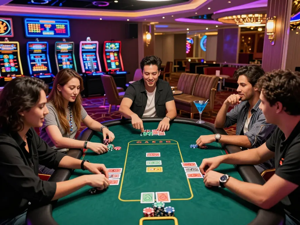 Dynamic gaming experience at gem88 with friends around a poker table.