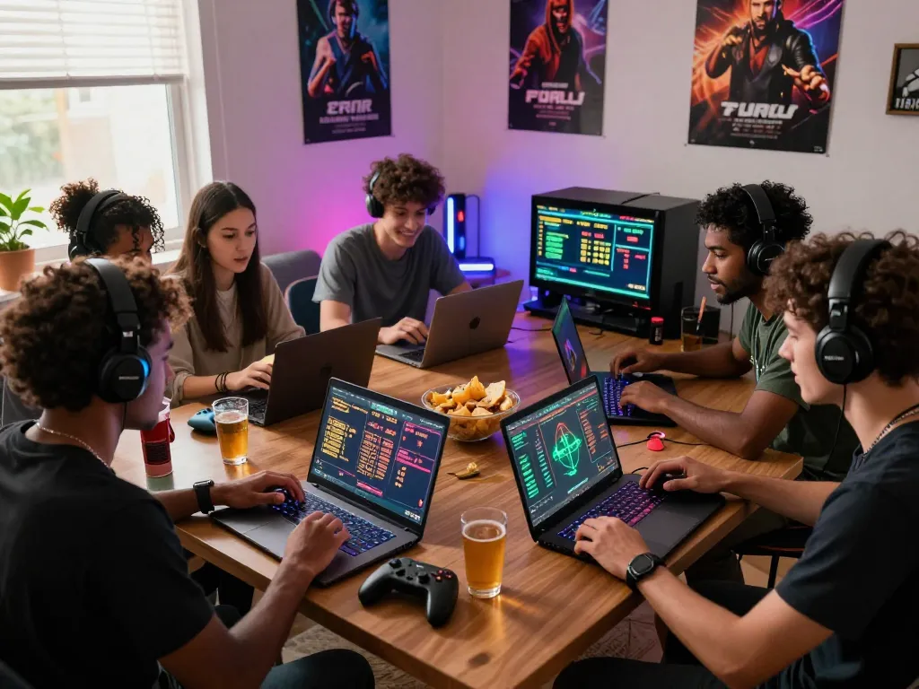 Exciting gaming scene with friends engaged in rikbet online betting, showcasing vibrant screens and snacks.