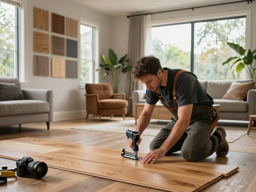 Flooring specialists near me installing hardwood floors in a modern living room.