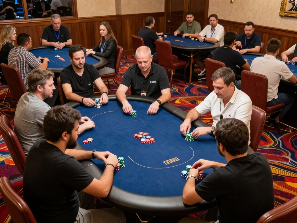 Bet168 poker players engaged in a high-stakes tournament at an upscale casino, showcasing intensity and strategy.