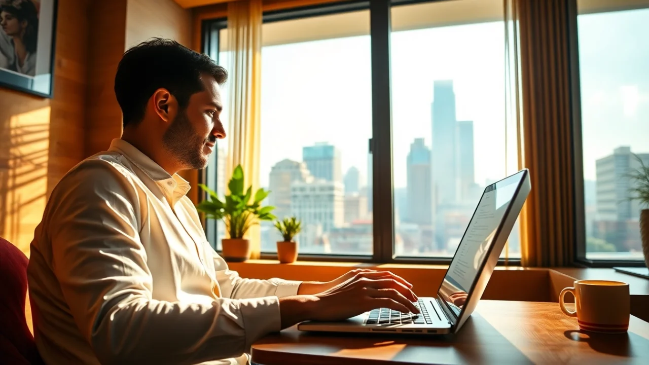 Experience the benefits of vpn with a professional user engaged at their laptop in a vibrant workspace.