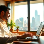 Experience the benefits of vpn with a professional user engaged at their laptop in a vibrant workspace.