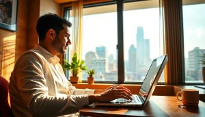 Experience the benefits of vpn with a professional user engaged at their laptop in a vibrant workspace.