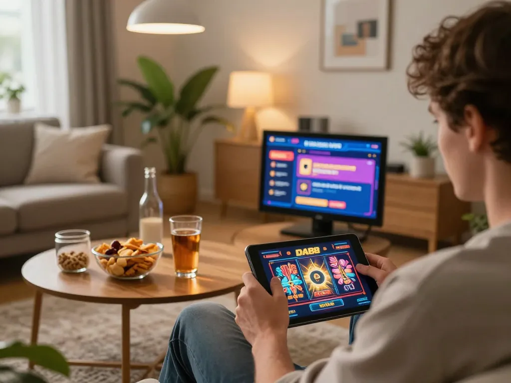 Player enjoying DA88 online slots on tablet in cozy home setup while snacking and engaging in responsible gaming.
