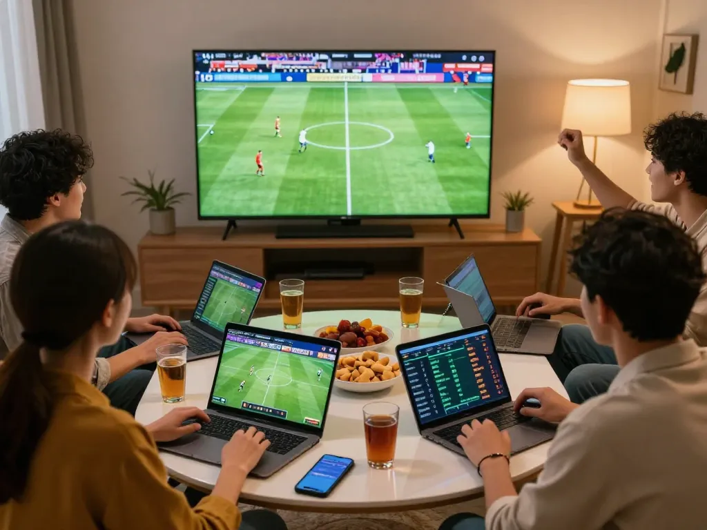 Friends enjoying a thrilling football match while checking kèo nhà cái online, surrounded by betting tools and snacks.