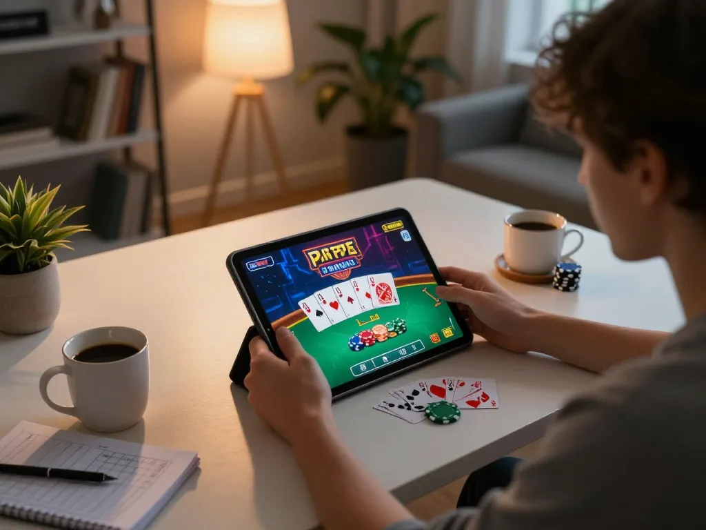 Player enjoying an online game of poker on thabete platform in a cozy home setup.