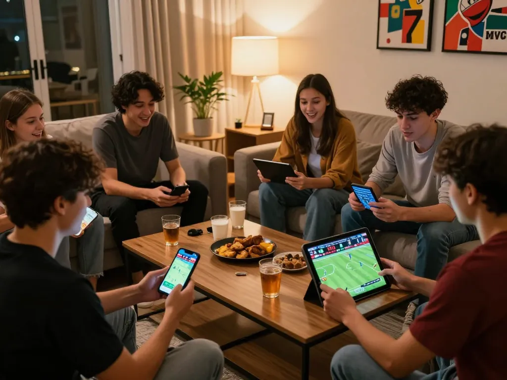 Friends engaging in sports betting using 7mcn on tablets and smartphones, lively home atmosphere